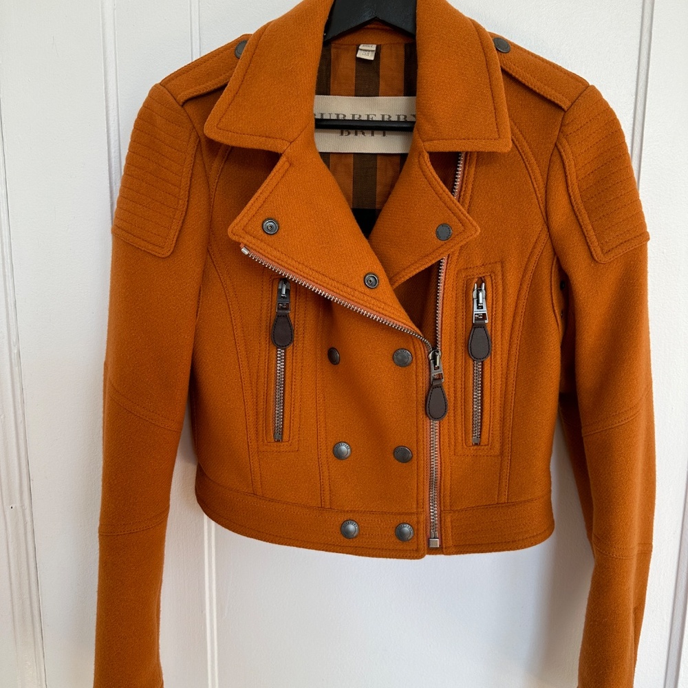 Burberry Brit Cropped Moto Military Jacket Amber Spiced Orange Ladies Size 4 - Picture 10 of 14